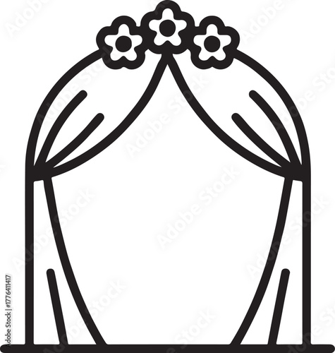 Wedding Arch with Floral Garland and Curtains Line Art Vector Icon
