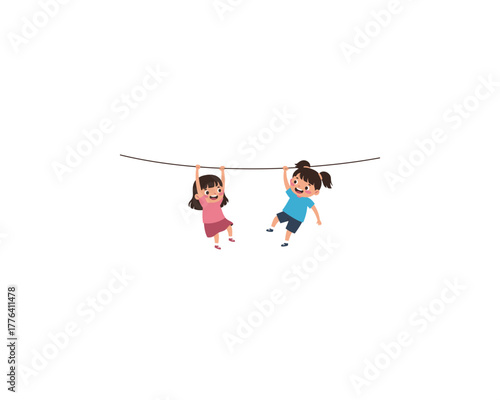 Two happy cartoon girls swinging on a clothesline outdoors on a bright sunny day enjoying playtime