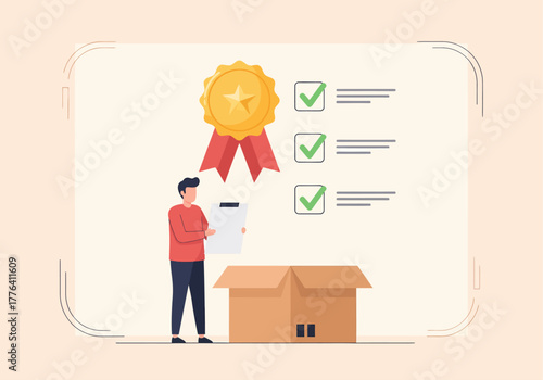 A man holds a checklist beside an open box, symbolizing successful quality assurance and product inspection, as represented by a large gold medal and green checkmarks