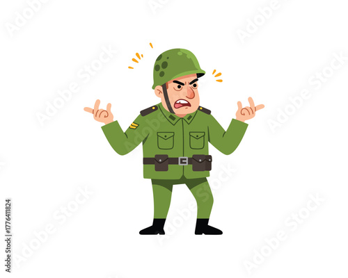 Angry cartoon soldier in military uniform expressing frustration and exasperation with raised arms and furious expression