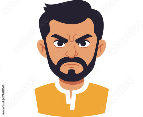 Close up portrait of a stern looking man with dark hair and a beard wearing a yellow shirt with a white collar