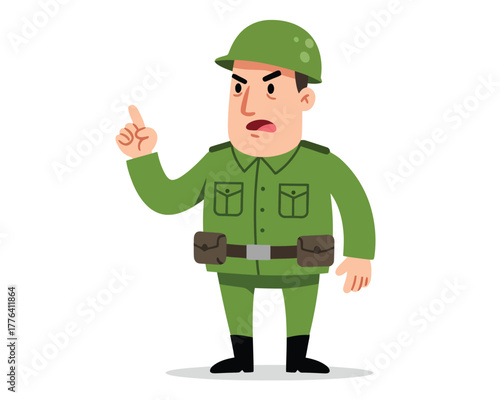 Angry cartoon soldier in green uniform and helmet gesturing with finger up warning or scolding
