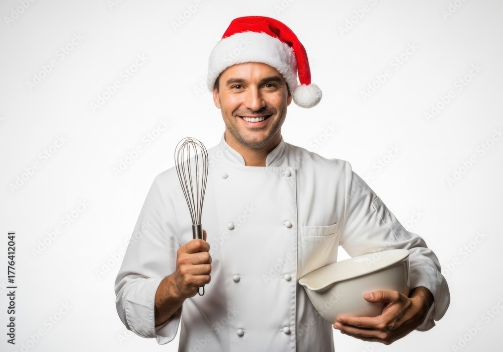 Naklejka premium Smiling chef in Santa hat holding a whisk and mixing bowl ready for holiday baking