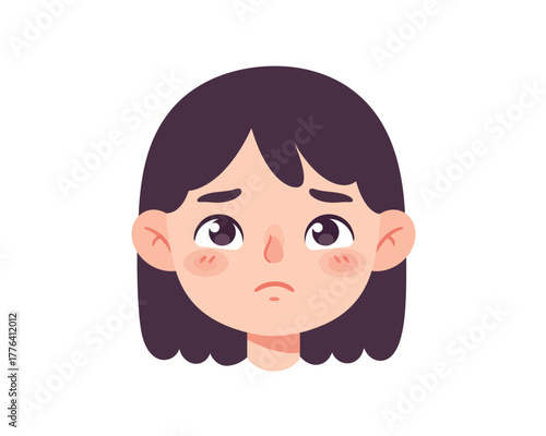 Close up of a young girl s face with a sad or worried expression and blushing cheeks isolated on a white background