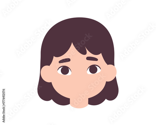 Simple flat illustration of a young girl s face with dark hair and a concerned or thoughtful expression