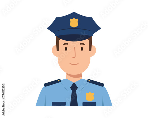 Illustration of a friendly male police officer wearing a blue uniform and cap with a badge representing law enforcement and security services