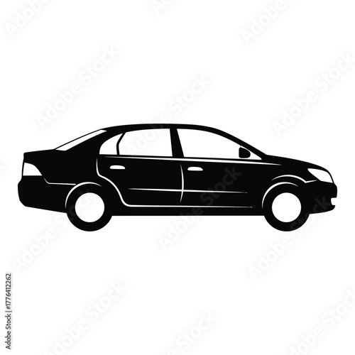 Black sedan car icon, side view, simple minimalist vector graphic illustration. automotive vehicle symbol for transport, travel, ride, mobility, and passenger design needs.