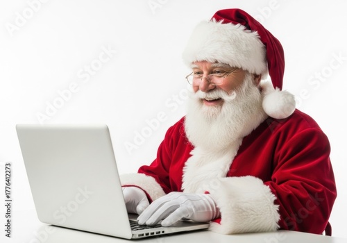 Jolly Santa Claus smiles while checking his list and emails on a modern laptop