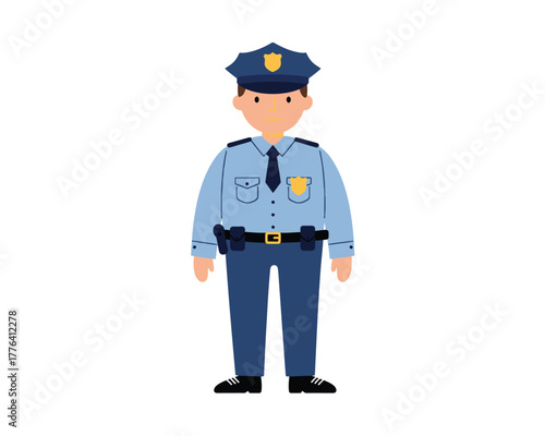 Friendly cartoon police officer standing proudly in uniform with badge and hat ready to serve and protect