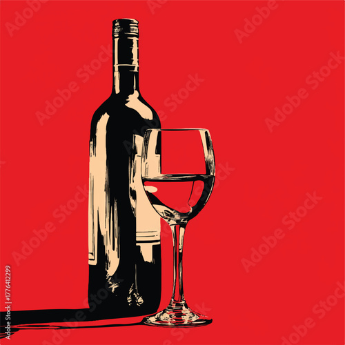 Elegant Still Life of Wine Bottle and Glass Against Red Backdrop Artistic Presentation for Wine Industry and Fine Dining Imagery