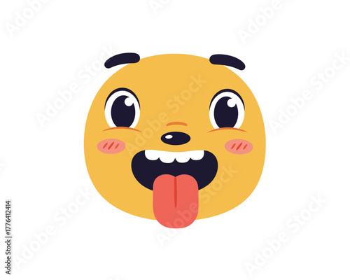 A funny and expressive cartoon yellow emoji face with wide open eyes and a large tongue sticking out in a playful gesture