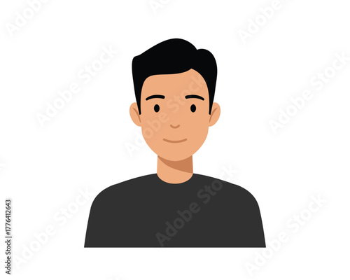 Stylized cartoon illustration of a young man with dark hair and a black t shirt against a white background