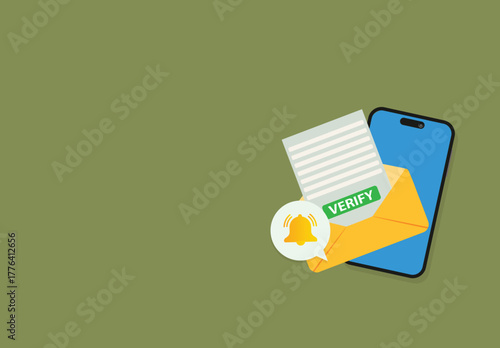 Mobile phone with a bell notification and verify mail. .Reminder on smartphone screen New message notification