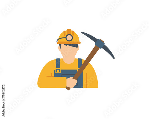 Illustration of a miner wearing a hard hat and overalls holding a pickaxe ready for work in the mining industry