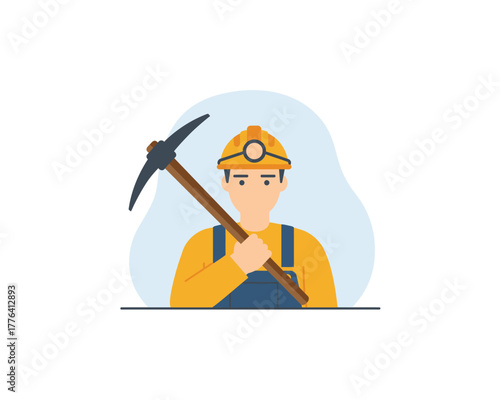 A determined miner wearing a hard hat and holding a pickaxe ready for underground excavation and resource extraction