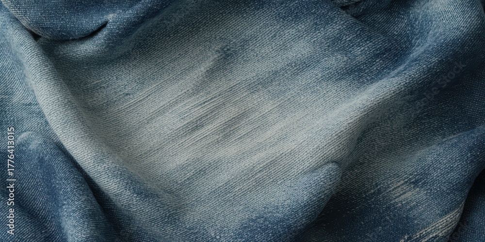 Fototapeta premium Faded Blue Denim Fabric with Wrinkles Texture Background