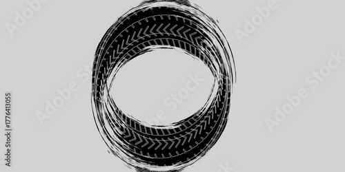 Tire tread marks, wheel textures, tire marks - car racing, motocross, drift, rally, off-road and others. Vector black isolated texture in grunge style with splashe