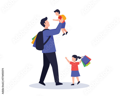 Happy father lifting his child in the air while another child holds shopping bags celebrating family fun and togetherness