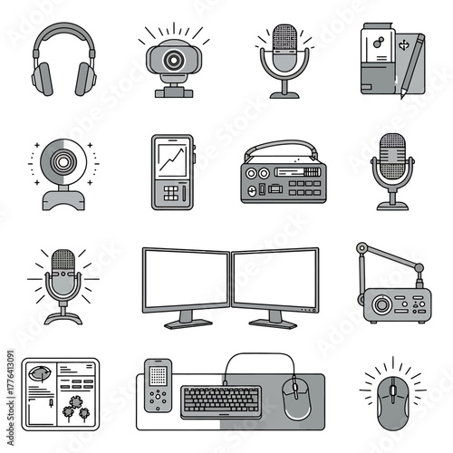 podcasting equipment a setup featuring microphones headphones  dual monitors ideal for digital content creation and audio engineering projects.