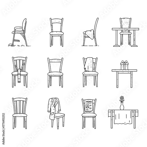 line art chairs and tables variety of furniture styles dining arrangements and object placement suitable for design projects and decor ideas