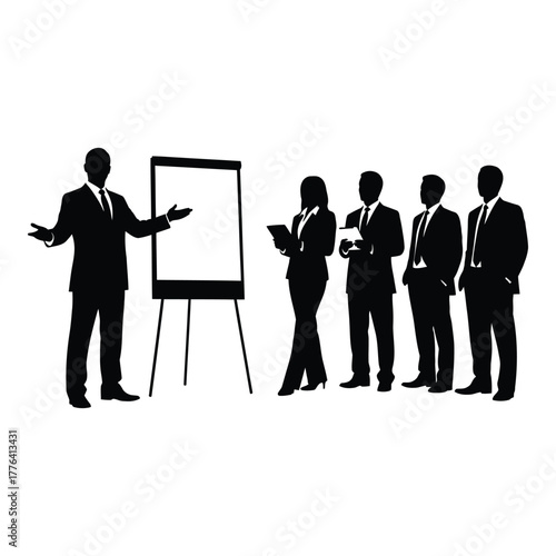 Professional business meeting presentation with team members silhouettes standing next to a flip chart, discussing strategies and ideas in a dynamic corporate setting.