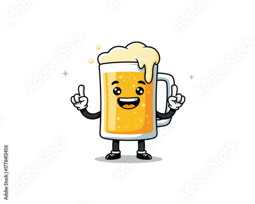 Happy cartoon beer mug character with foam overflowing and fingers pointing up in a fun illustration