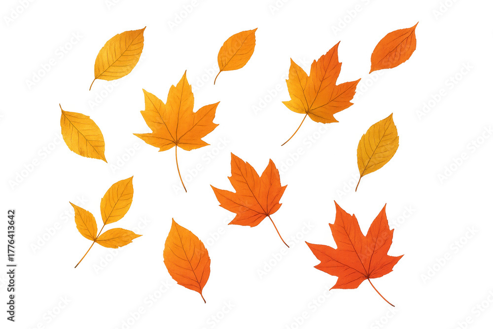 Naklejka premium Autumn leaves falling, scattered maple and various tree foliage bringing seasonal color and abstract pattern on transparent background