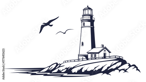 Iconic lighthouse stands tall on rocky coast, seabirds soar, vector design, nautical charm, symbolizing guidance, beacon of hope, coastal adventure, serene seascape