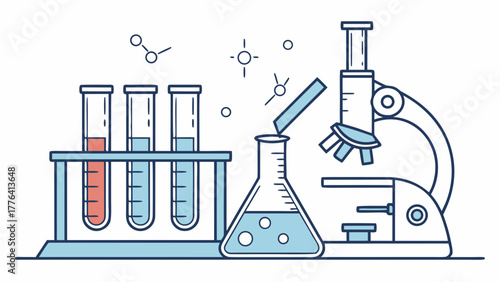 Modern science line art displaying microscope, test tubes, and beaker for medical research, pharmaceutical innovation, and scientific discovery concepts