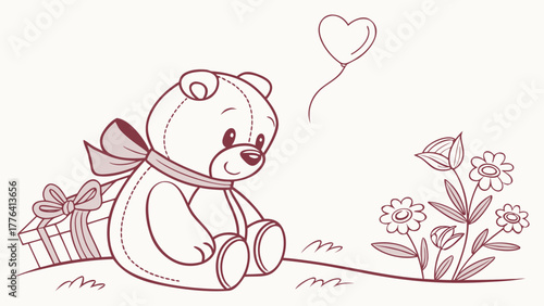 Adorable teddy bear with heart balloon and gifts, a sweet illustration for kids' products, greeting cards, invitations or charming birthday designs