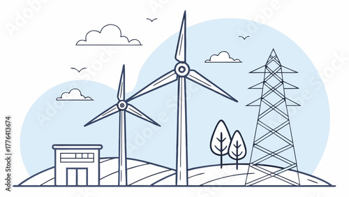 Sustainable energy landscape with wind turbines generating clean power, powering a greener future, showcasing eco-friendly technology and environmental awareness