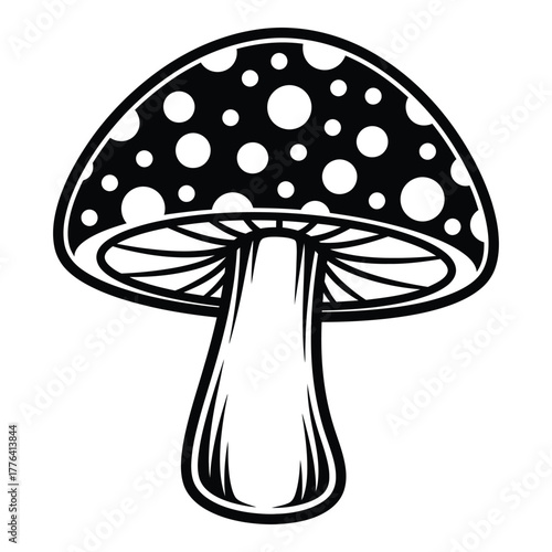 Stylized black and white mushroom illustration with spotted cap and detailed stem, perfect for fantasy, nature, or decorative designs, isolated on a clean background.