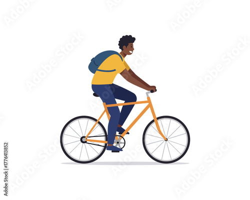 Young black man with backpack riding a bicycle on a white background enjoying outdoor activity and healthy lifestyle