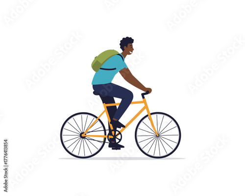 Active black man riding a bicycle with a backpack on a white background