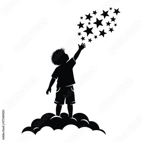 Child's silhouette on a cloud, reaching for a cluster of stars, symbolizing dreams, aspiration, hope, and the pursuit of goals in a childhood fantasy concept.