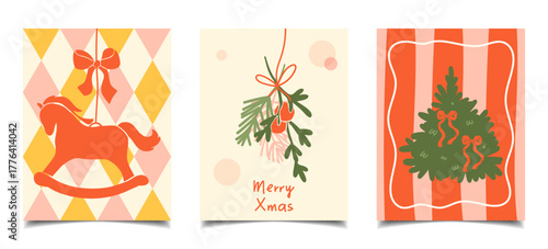 Vintage hand drawn Christmas cards. Minimalistic modern postcards for the winter holidays. Christmas tree, horse, bows, decor. Vector illustration