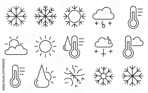  Collection of weather icons representing snow sun clouds rain and temperature measurement