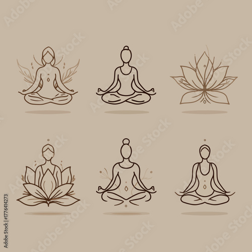 Yoga poses and lotus flower illustrations for wellness and meditation