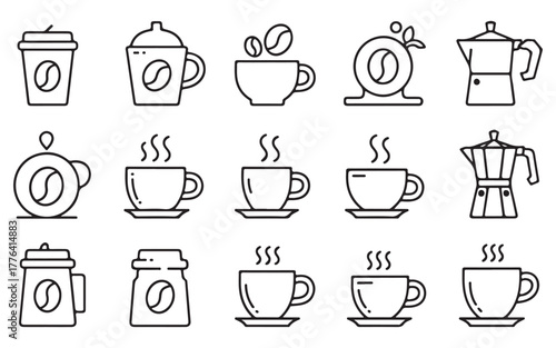  Collection of stylized line art icons representing various coffee drinks and brewing methods