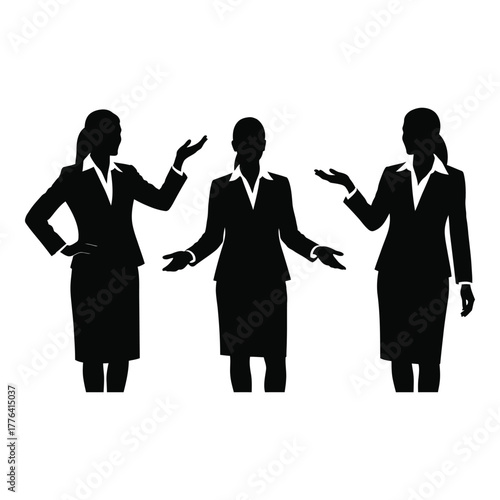 Three professional businesswomen silhouettes in various presentation poses, wearing formal suits, symbolizing leadership, guidance, and communication for corporate success.