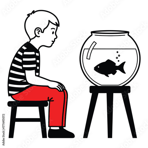Young boy quietly observing a single pet fish swimming in a classic glass fishbowl, a simple line art illustration depicting childhood wonder, care, and quiet contemplation with a pet.