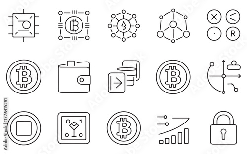  Collection of hand drawn cryptocurrency and blockchain technology icons in a simple line art style
