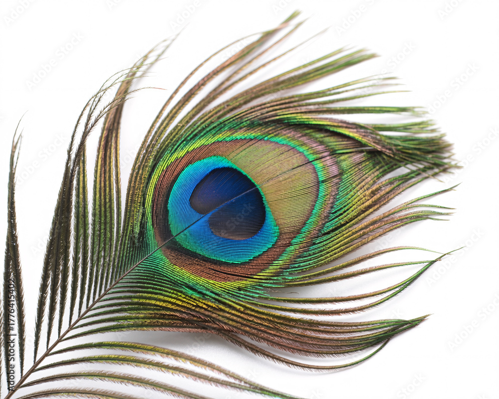 Fototapeta premium Stunning peacock feather showcases vibrant iridescent eye pattern with intricate details and natural beauty on a clean white background