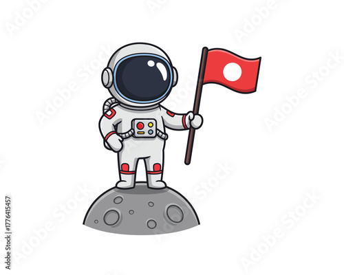 Cute cartoon astronaut standing on a moon surface holding a red flag with a white circle symbol