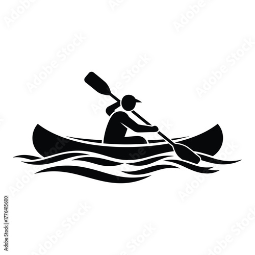 Canoeist paddling with a double-bladed paddle on wavy water, isolated icon depicting a water sport activity, leisure, and outdoor recreation in a simple graphic style.