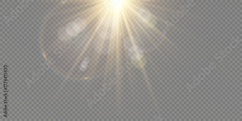 Sunlight flare with golden rays, bright glow, and sparkling reflections. Warm summer atmosphere, nature illumination, and soft daylight vector background illustration.
