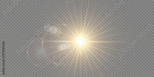 Sunlight flare with golden rays, bright glow, and sparkling reflections. Warm summer atmosphere, nature illumination, and soft daylight vector background illustration.