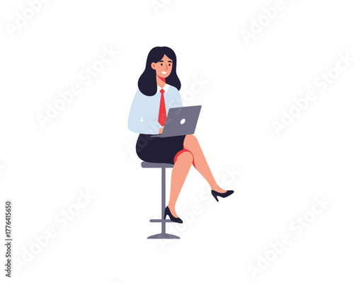 Young professional businesswoman sitting on a stool working on a laptop computer with a smile and crossed legs