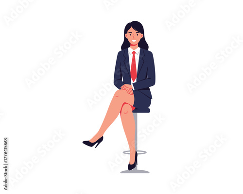 Professional businesswoman with glasses and red tie sitting confidently on a high stool in a modern office setting