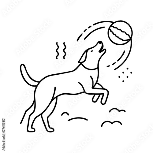 Line art of a happy dog jumping to catch a ball outdoors